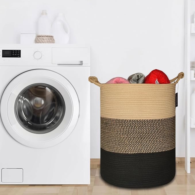 COMSE Tall Woven Blanket & Laundry Basket, 72L, Brown & Black | 15.7”x 21.7”, Cotton Rope, Large Nursery Hamper for Storage of Toys Clothes Towels, Great for Living Rooms Bedrooms Bathrooms
