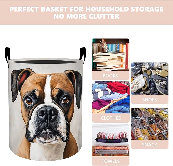 Boxer Dog Laundry Basket Hamper 19.7"x15.8", Organizer Bins Gifts for Kids Boys Girls, Cute Boxer Puppy Foldable Waterproof Oxford Clothes Storage Bucket for Bedroom Bathroom Decor