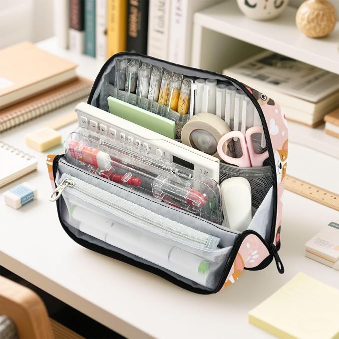 Aslsiy Large Capacity Pencil Case Cute Pets Pug Dogs Pencil Pouch for Boys Girls Portable Pen Bag Organizer Standing Makeup Bag for School Office Supplies