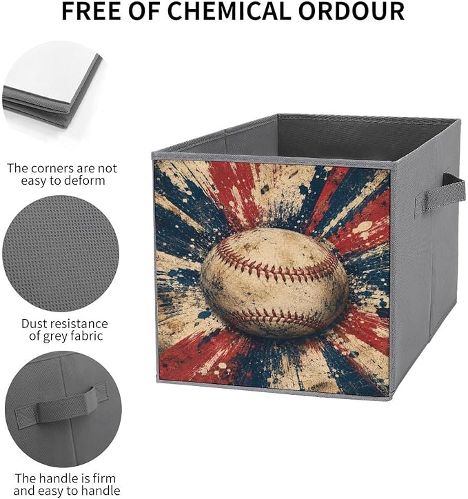 Baseball Vintage Grunge Art Storage Bin with Handles, Oxford Fabric Foldable Storage Cube Organizer for Clothes, Towels, Bedroom, Living Room, Home Organization