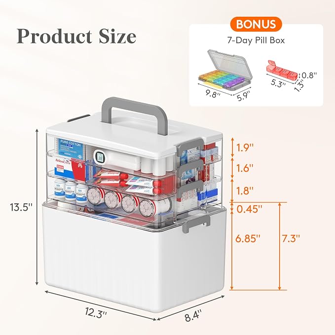 Lifewit 4-Tier Extra-Tall Medicine Cabinet Organizer with Handle& Pill Case | Deep Bottom Fits 7.1" Bottles, Portable Empty First Aid Box for Vitamin, Sewing, Tackle, Tool, Bathroom Under Sink Storage