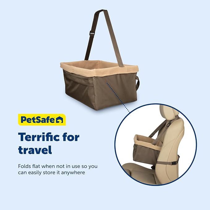 PetSafe Happy Ride Dog Booster Seat, Brown, Up to 18 lb | Raises Small Dogs to Window Height In Most Cars, Connects to Seatbelt with Safety Tether, Fleece Liner Is Machine Washable