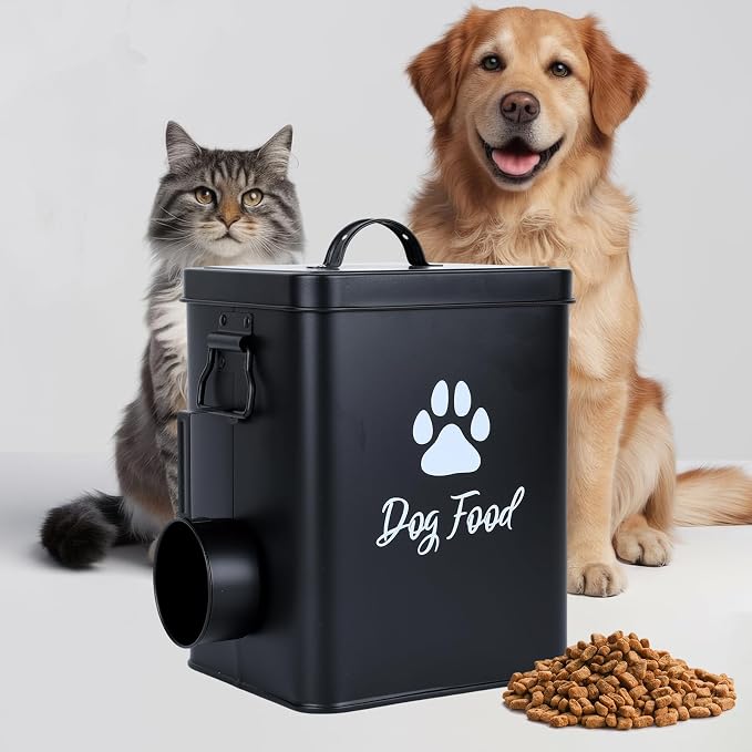 Dog Food Container 6.6lb, Cute Airtight Pet Treat Storage Containers with Metal Lid Scoop, Metal Storage Bin for Dog/Cat Durable Airtight Great Gift for Pet Owners-Black