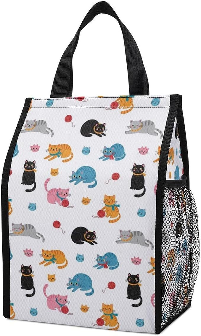 Insulated Lunch Bags Compatible with Cats, Reusable Thermal Lunchbox Totes with Mesh Pocket Portable Lunch Organizer Food Bag