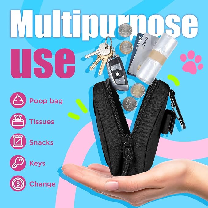 Dog Poop Bag Holder, Hands Free Cute Dog Poop Bag Dispenser for Leash with Big Opening Pet Waste Bag Holder Zippered Pouch with Carabiner Hook Waterproof Pet Poop Bag Holder Black