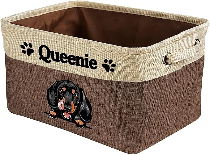 Personalized Fabric Dog Toy Storage Basket with Cute Dog Dachshund Collapsible Sturdy Fabric Pet Toys Storage Bin Cube with Handles for Organizing, Brown and White