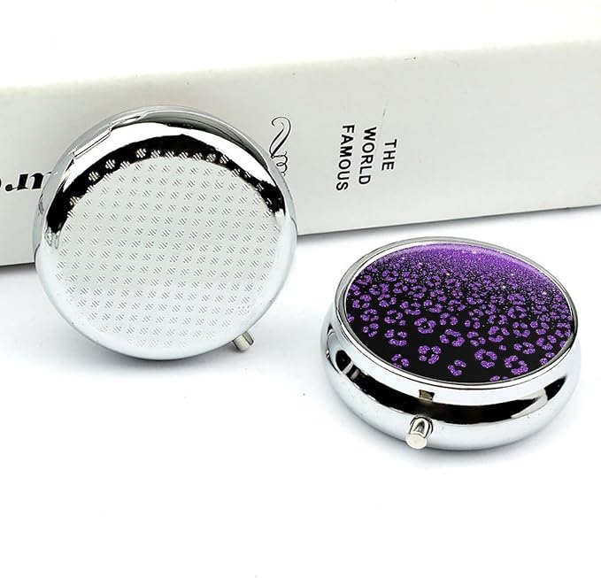 Mirror Top Round 3 Compartment Pill Box Pueple Glitter Cheetah Leopard Print Black, Cute Pill Organizer for Purse Pocket Vitamin Medicine