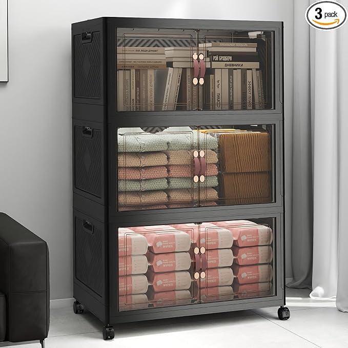 Stackable Storage Bins with Lids, 360QT Lockable Storage Cabinet | Folding Storage Box with Doors and Wheels, Collapsible Plastic Drawers for Home, Garage, Office