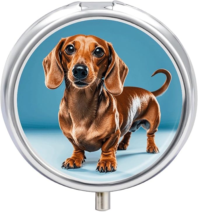 Dachshund Weiner Pet Dog Round Metal Pill Organizer 3 Compartment Travel Pill Case with Mirror Waterproof & Leak-Proof for Daily Meds Vitamins Supplements Fits in Purse Pocket Bag