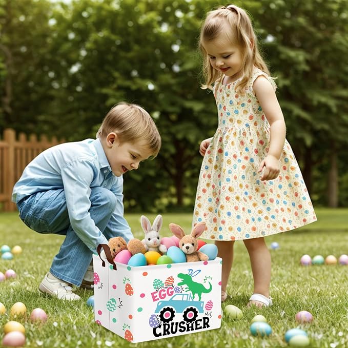 Kid Rectangular Empty Easter Basket for Girl Boy Bunny Eggs Easter Basket Gift Baby Room Decor Storage Organizer (Monster Truck Dinosaur)