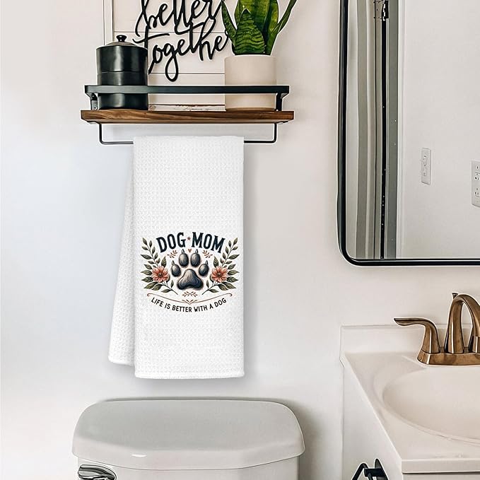 Dog Mom Bathroom Towels, Dog Mom Gifts for Women Dish Tea Towels, Pet Lover Gifts, Floral Puppy Paws Decorative Hand Towels for Kitchen Bathroom Decor, 16x24 Inch