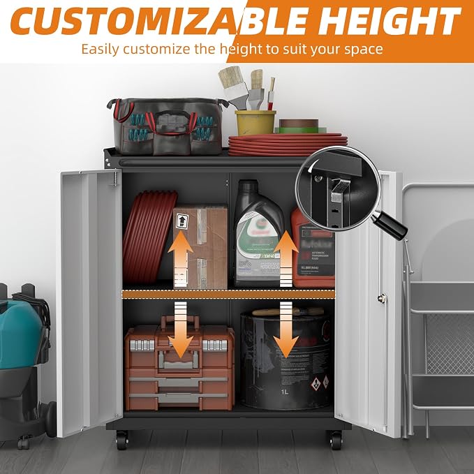 32''H Metal Storage Cabinet with Wheels, Garage Tool Storage Cabinets with Lock, Lockable Steel Rolling Tool Chest with Doors & Adjustable Shelves for Garage, Home, Office