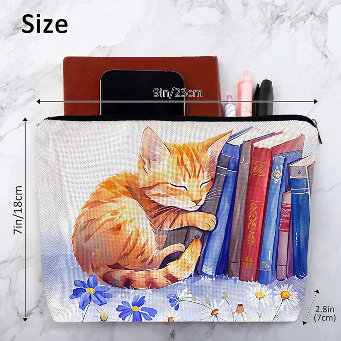 Cat Cosmetic Travel Bag For Toiletries, Funny Cat Kitten Sleep Floral Library Bookshelf Makeup Bag Toiletry Bags For Women, Flax Cosmetic Bags Make Up Bag Purse Toiletries Bag Birthday Gift