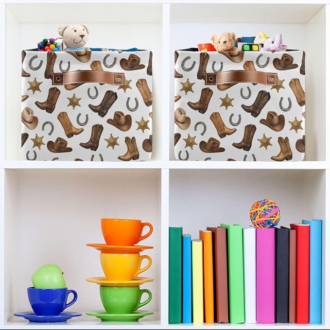 Kigai Storage Basket, Fabric Collapsible Closet Organizer Bin | Western Print Waterproof Foldable Canvas Basket with Handles for Shelves, Nursery, Closet, Bedroom & Bathroom