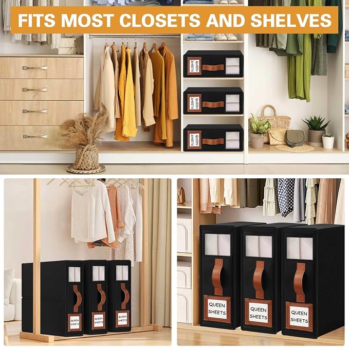 Bed Sheet Organizers and Storage, 4Pack Foldable Organizer for Linen Closet | 800D Thickened Fabric, Clear Window & Labels, Leather Handle, Dust & Moisture Proof, Fits King & Queen Sheet Sets