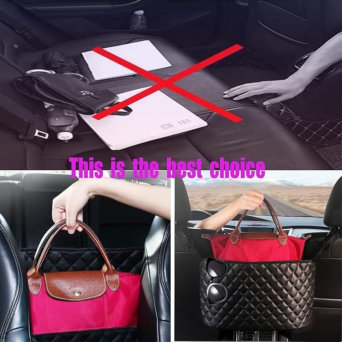 Car Net Pocket Handbag Holder，Purse Holder for Between Seats，Leather Seat Back Organizer Mesh Large Capacity Bag，Handbag Between The Two Seats