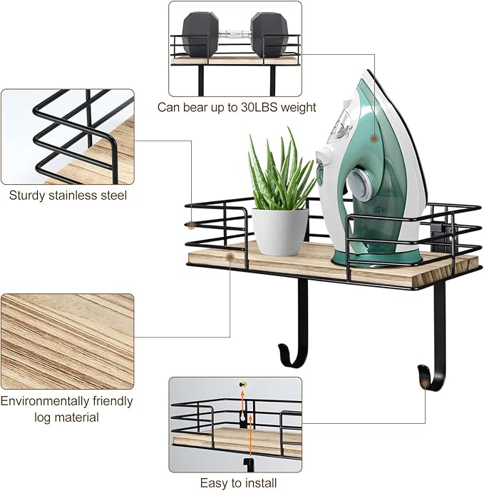 THYGIFTREE Ironing Board Holder Wall Mount and Basket Iron Holder Rack | Heavy-duty metal and wood organizer stores ironing boards, irons and steamers with a shelf, basket and wall-mounted design