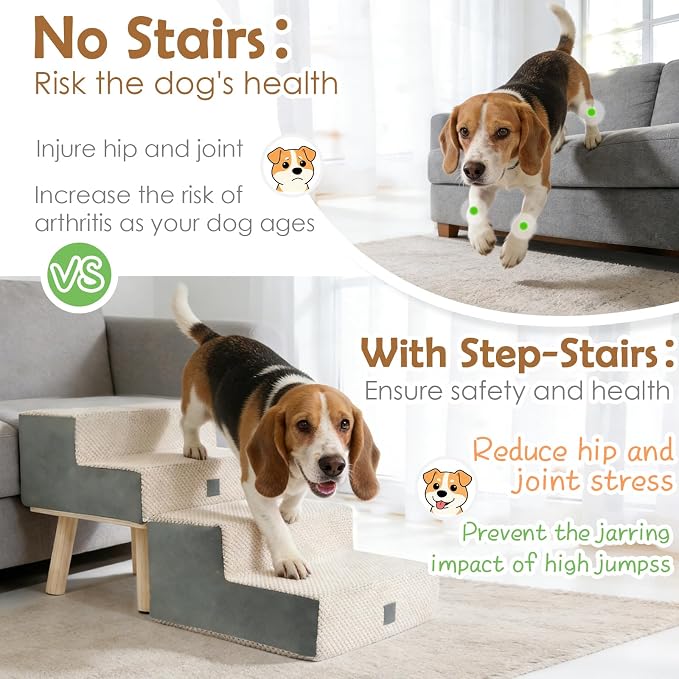4-Step Ottoman Dog Stairs,2-in-1 Foldable Dog Ramp for Bed | for Small Dogs and Cats, High-Density Foam & Wood Support, Side Storage Pocket, Foldable, 170 lbs, Machine Washable, Grey