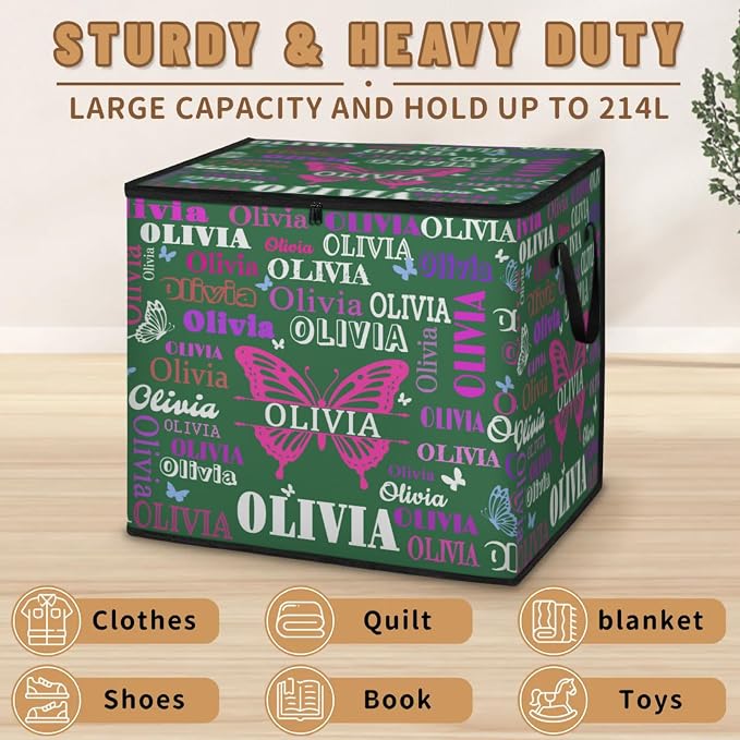 Custom Extra Large Storage Baskets Named with Lid, Personalized Storage Bins Basket Boxes Handles for Clothes Blanket Bedroom Closet Organizing Toys Shelves, Deep Forest Green with Butterflies