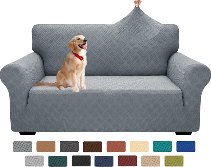 YEMYHOM Couch Cover Latest Jacquard Design High Stretch Sofa Covers for 2 Cushion Couch, Pet Dog Cat Proof Loveseat Slipcover Non Slip Elastic Furniture Protector (Medium, Leaf Pattern Light Gray)
