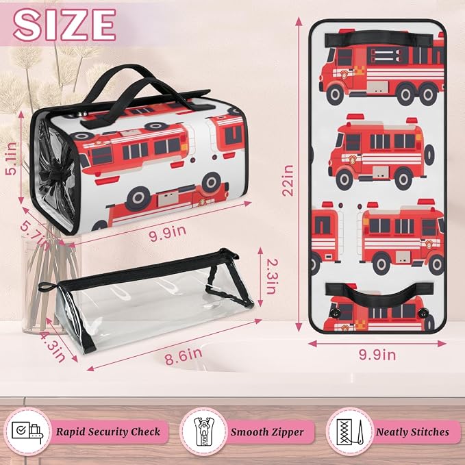 Fire Trucks Makeup Bag for Women Hanging Roll-Up Travel Organizer Toiletry Kit with 4 Removable Compartments, Car