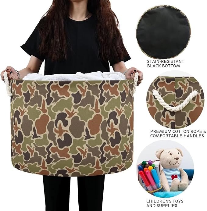 Duck Hunter Camo Collapsible Round Storage Basket with Handles | Camouflage Print Large Laundry Baskets Hamper, Clothes Organizer Bin for Bedroom Living Room Decor, 20x 20x 14 Inches