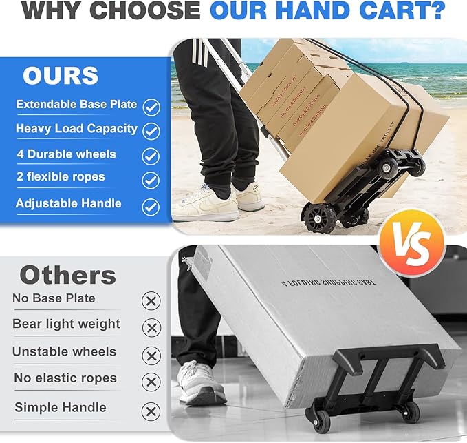 Folding Hand Truck Lightweight Trolley,4 Wheels Small Utility Dolly Cart | 2 Elastic Ropes,portable backpack trolley,luggage cart,Dolly,Grocery cart,Travel,Moving,Shopping.Aluminum Pole,black