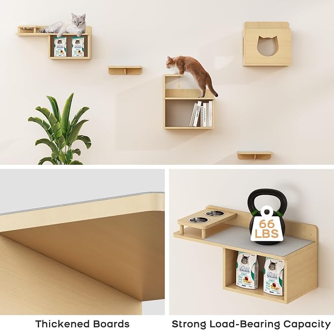 Cat Wall Shelves with Storage, Modern Floating Cat Shelves for Playing, Set of 5 Levels, Wood Color, Wall Mounted Cat Furniture and Perch, Cat Climbing Wall with Two Bowls