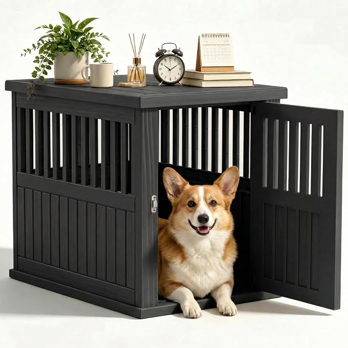 EFU 32 Inch Small Dog Crate Furniture, Indoor Dog Kennel, Puppy Pet House | Resin Pet House End Side Table, Waterproof Puppy Crates Cage for Medium Small Dogs to 45 lb, Black
