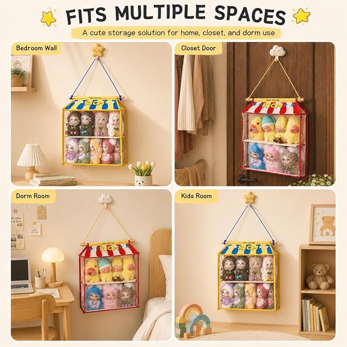 Dustproof Hangingcute Doll Storage Display Organizer with Clear PVC Cover | Cute Doll Storage Bag,High-Contrast Fabric Plush Figure Wall Holder for Labubu Molly Dimoo,Gift for Doll Collectors