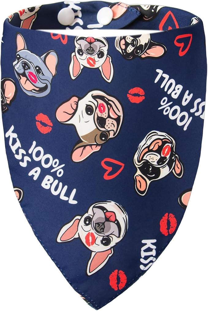 Holiday Dog Bandanas for Valentine's Day - Cute French Bulldog Pattern & Fun Lettering Costume Pet Scarf with Snap Button for Large & Extra Large Breeds 75lbs+