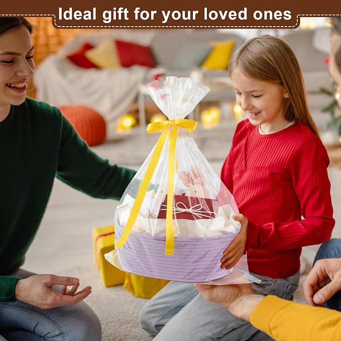 OIAHOMY Gift Basket with Handle, Small Woven Basket with Gift Bag，Ribbon and Wrap Tissue Paper，Nursery Bins Empty to Fill with Small Items, Baby，Pet Toy Organizer - Lilac Purple