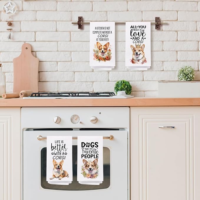SPBL&L Corgi Dog Kitchen Towels Set of 4, Corgi Gifts for Women, Corgi Decor Tea Dish Towels for Kitchen, Corgi Dog Decorative Hand Towels for Bathroom, 16x24 Inches
