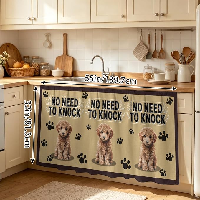 NO Need to Knock Sink Skirt for Bathroom, Self-Adhesive Under Sink Curtain, Poodle Dog Paw Prints Pet Lover Farmhouse Hide Pipes & Storage Fabric Cabinet Skirt Cover for Kitchen Laundry 32"x55"