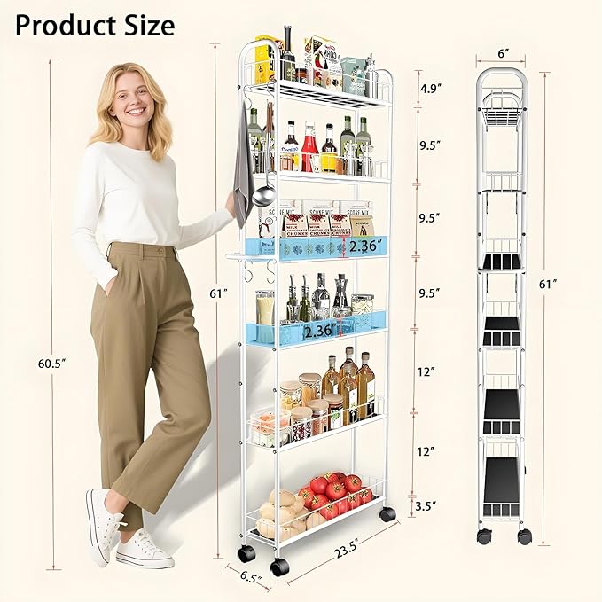 6in 6 Tier Slim Storage Cart with Wheels,Narrow Space Rolling Shelving Unit with Handle, Metal Wire Mobile Organizer Rack for Kitchen Bathroom Office Laundry