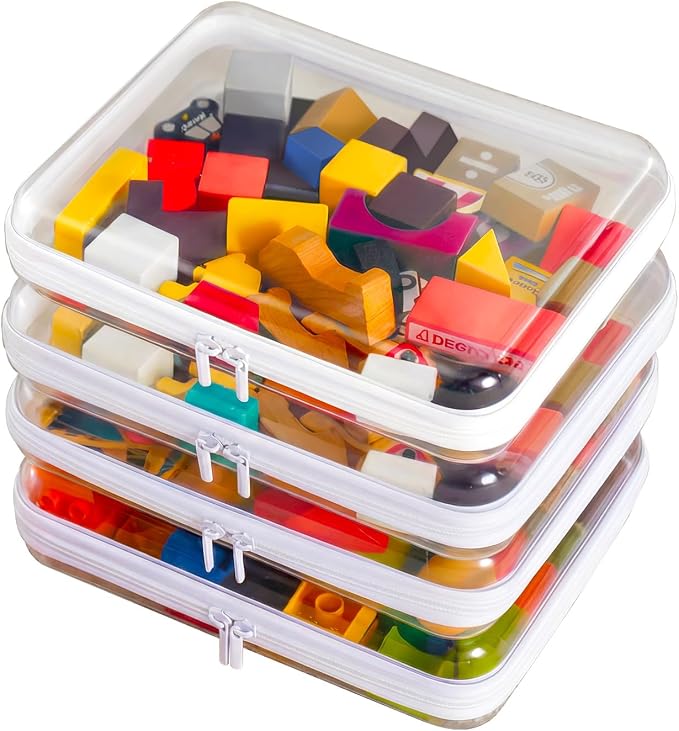 4PCS Large Clear Hard Shell Zipper Case, Makeup Organizer & Toy Storage Bag for Lego Bricks, Diaper Pouches, Cosmetic Bags, Transparent Pencil box, Puzzle Board Game, Portable Travel Toiletries