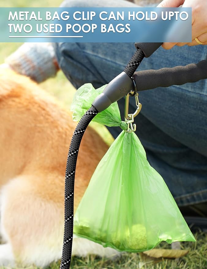 Gobeigo Dog Poop Bag Holder with Used Waste Bag Carrier(Navy Blue) | Large Opening for Easy Dispensing, Carabiner & Hook-and-Loop Strap Fits Any Leash, Includes 15 Unscented Waste Bags
