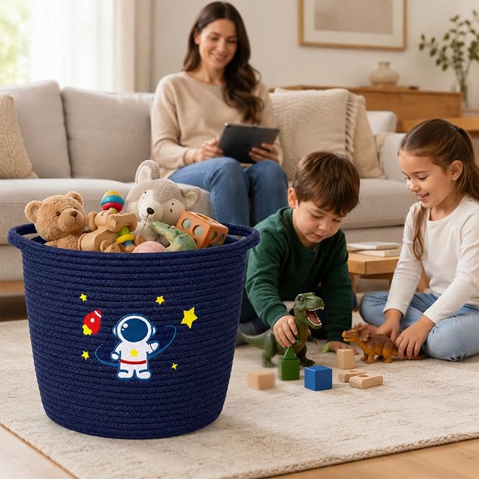 Laundry Basket Astronaut Space, 11"x13" Cotton Rope Woven Laundry Hamper, Cute Kids Storage Basket for Toy Storage Stuffed Animal Storage, Blanket Basket for Nursery Bedroom