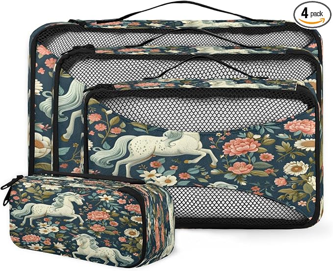 Floral Horse 4 Set Travel Packing Cubes for Accessories, Suitcase Organizers Luggage Bags Set with Double Zippers & Mesh Top