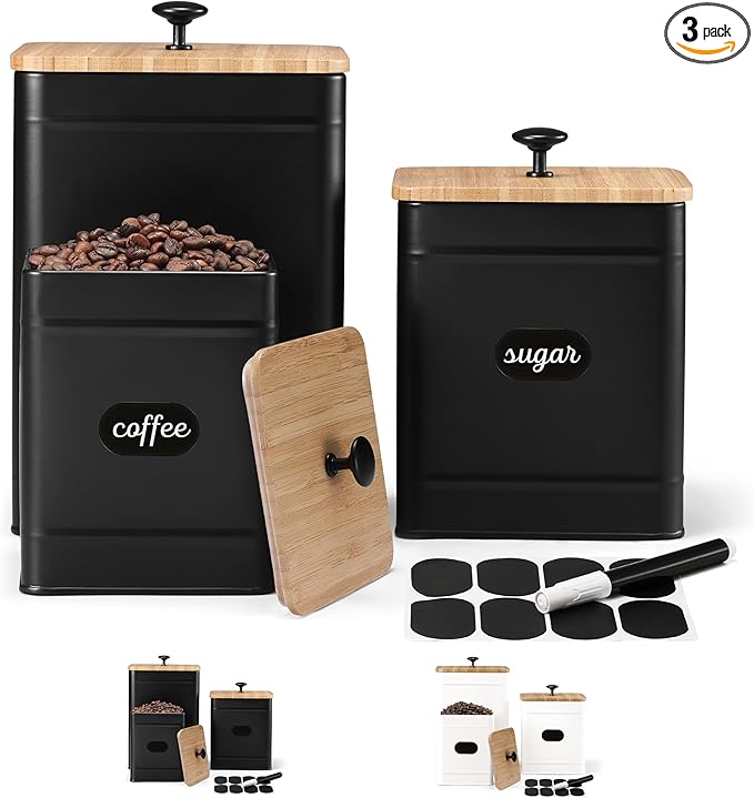 PERFNIQUE Kitchen Canisters for Countertop Set of 3, Airtight Canisters Sets for the Kitchen Counter with Lid, Metal Farmhouse Food Storage Containers Jars for Flour Sugar Coffee Tea Spice (Black)