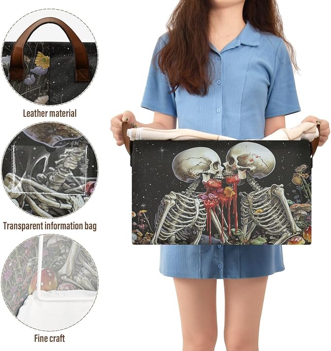 Black Skeleton Gothic Storage Bins for Shelves with Labels&Handles Halloween Organizer Bin Foldable Rectangle Storage Basket Black Goth Skull Boxes for Closet, Bathroom, Home, Living Room, Laundry