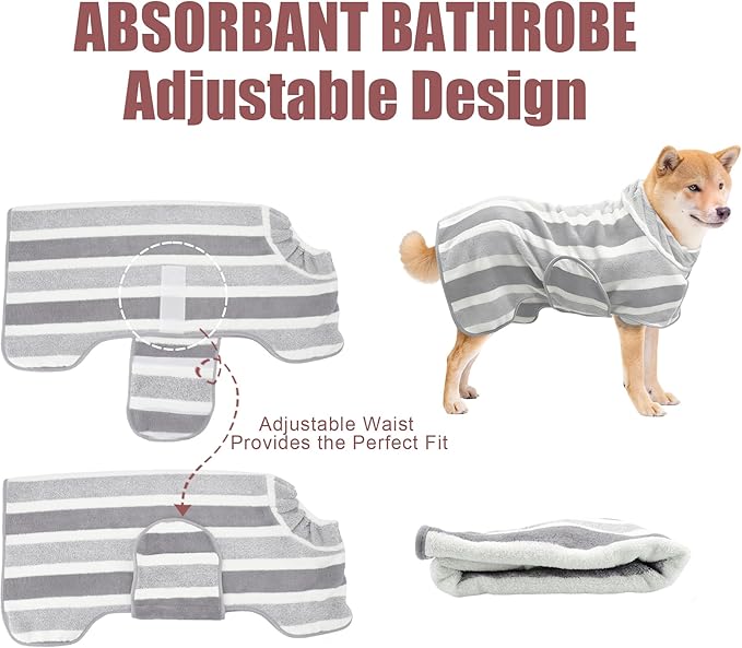 Fast Drying Dog Bath Robe, Super Absorbent Stripes Dogs Towel, Adjustable Warm Keeping Pet Puppy Bath Supplies (Grey, M)