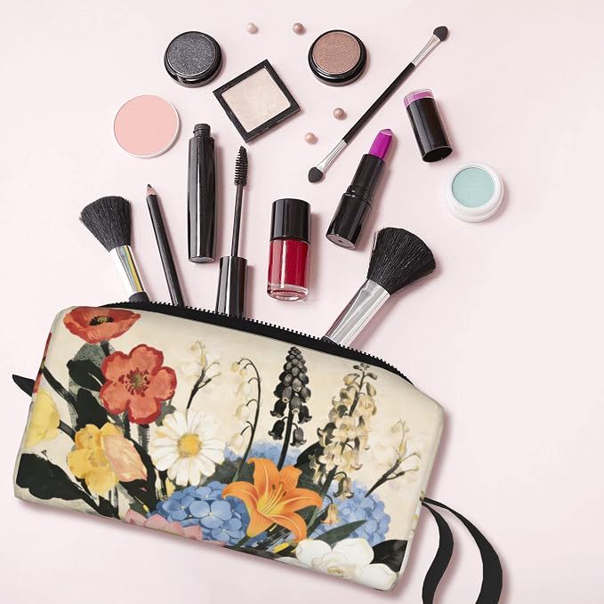 Vintage Botanical Garden Floral Makeup Bag for Women Wrist Strap | Durable 600D Oxford Fabric Cosmetic Organizer,Compact Travel Pouch with Handle for Gym & Daily Use