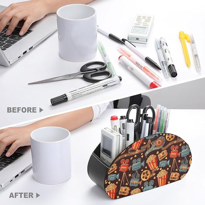 Leather Remote Control Holder Movie Theater Popcorn Office Desk Organizer | with 5 Compartments, Movie Theater Cinema Popcorn Caddy Storage Box for TV Remotes, Media Controllers, Makeup Brush