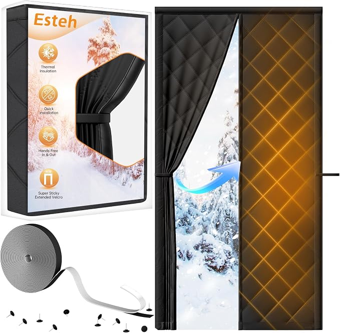 Magnetic Thermal Insulated Door Curtain for Winter Fits Door Size 38" x 82", Temporary Thermal Door Cover for Cold with Thickened Cotton, Window Insulation Kit for Sliding Glass Doorways - Black