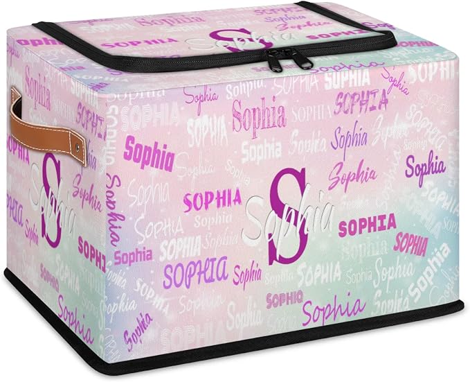 Personalized Storage Basket with Name, Rectangle Toys Storage Bin with Handles Zipper Lid for Baby, Girls, Collapsible Basket for Clothes, Books, Pale Pink with Blue Background