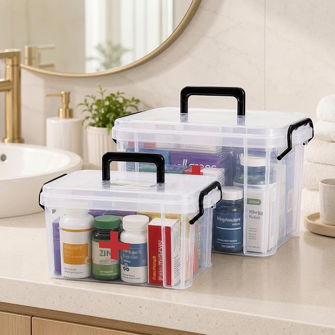 2 Pack Clear Medicine Organizer Box with Handle, Plastic Medicine Container with Tray Empty First Aid Box Empty, Thickened Medicine Storage Organizer Multipurpose Medication Organizer Storage, Clear