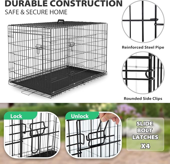 BestPet | Dog Crate | 24" | Black | Foldable Metal Kennel with Double Doors | Secure Slide-Bolt Latches, Leakproof Tray | Portable Dog Cage for Small Breeds | for Travel, Indoor & Outdoor Use