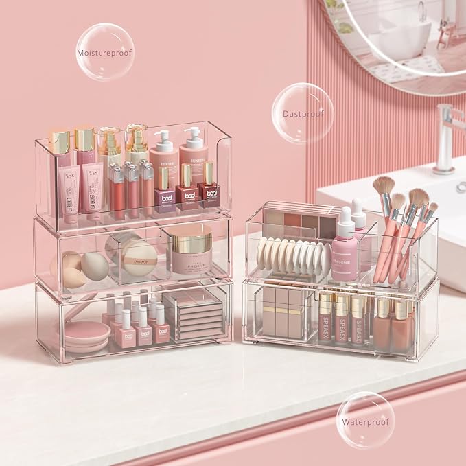 Bathroom Drawer Organizer Stackable Storage Drawers Clear Plastic Storage Bins Medicine Cabinet Organizer Makeup Organizers w Removable Divider Home Workspace Office Desktop Vanity Gift Idea 2Pack