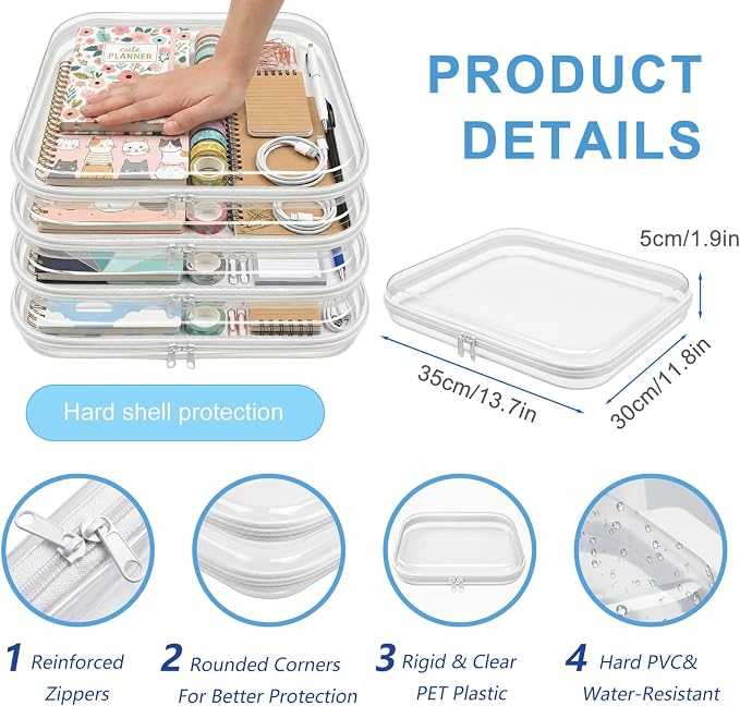 4 Pack Clear Hard Shell Zipper Case, Clear Zipper Pouches for Organizing, Heavy Duty Travel Clothes Packing Cubes, Oversized Closet Storage & Big Toy Bins (4XL)